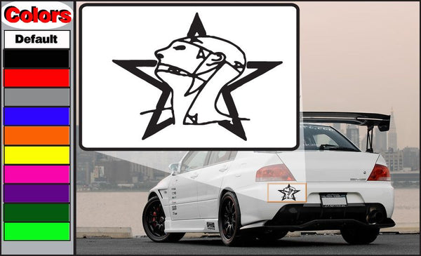 Star-shaped decal with black abstract pentagram-style figure