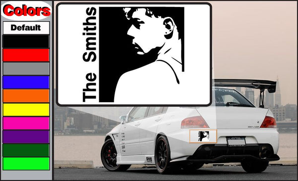 the smiths decal with white face silhouette and 'The Smiths' lettering on black