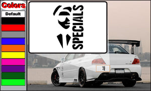 Specials decal, black stylized lettering on white rectangular backing