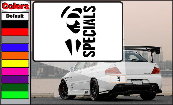 Specials decal, black stylized lettering on white rectangular backing