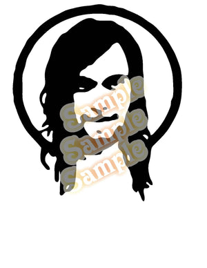 Black head decal with circular outline, side profile silhouette