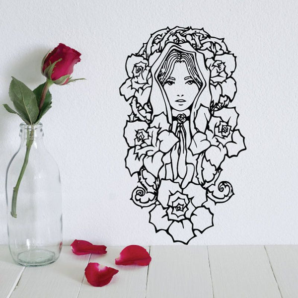 Virgin Mary rose floral cloak wall art, monochrome line illustration