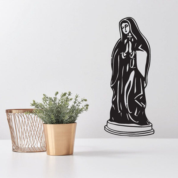 Praying Virgin Mary statue decal with black silhouette, hands clasped in prayer
