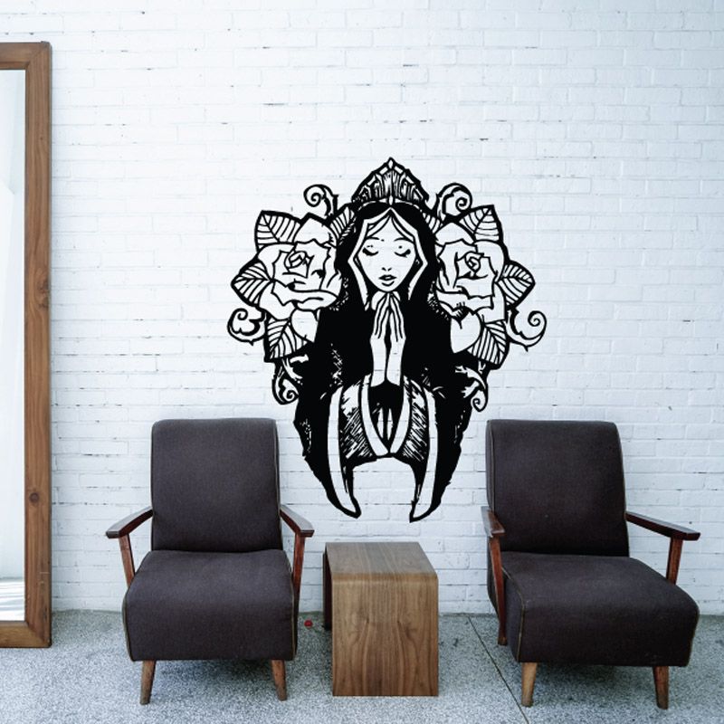 Virgin Mary praying wall art with rose motifs, black and white illustration