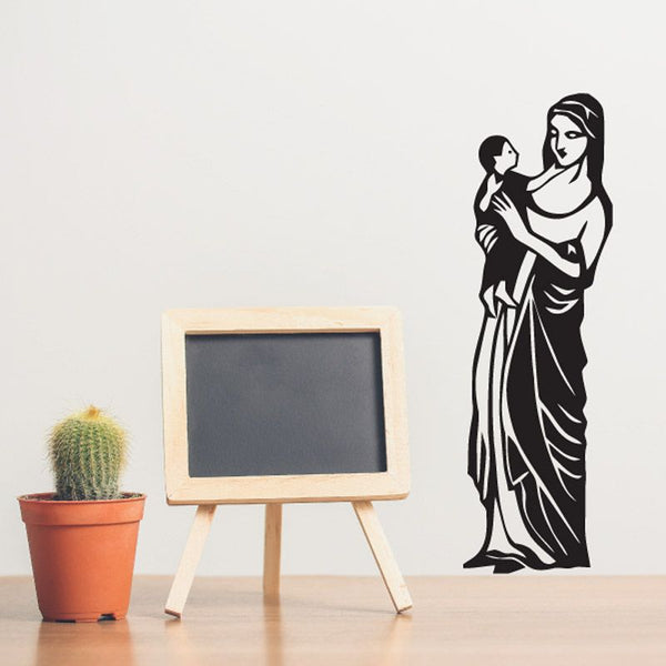 Virgin Mary wall decal holding baby Jesus, monochrome black outline