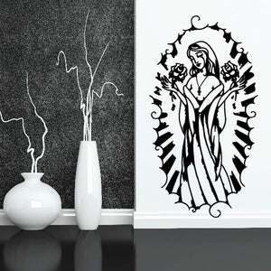 Virgin Mary with roses wall decal, black and white