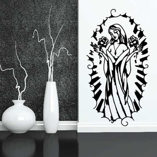 Virgin Mary with roses wall decal, black and white