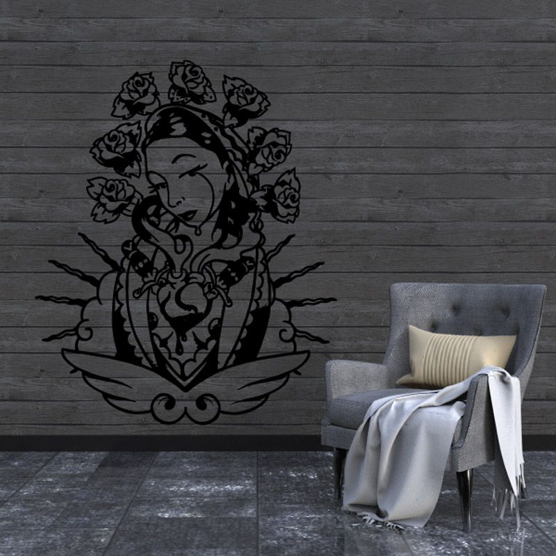 Virgin Mary with Sacred Heart wall decal, black religious outline design