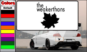 Weakerthans leaf decal: black maple-leaf silhouette with 'the weakerthans' text