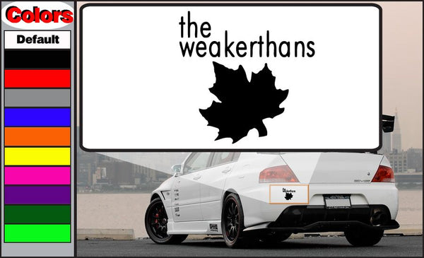 Weakerthans leaf decal: black maple-leaf silhouette with 'the weakerthans' text