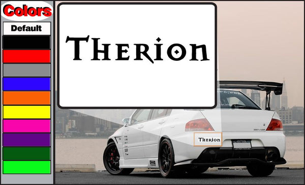 Therion decal with bold THERION text on white rectangular backing
