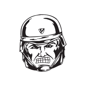 Helmeted soldier face decal, black-and-white angry expression.