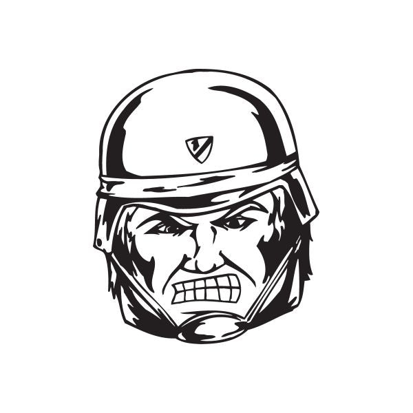 Helmeted soldier face decal, black-and-white angry expression.