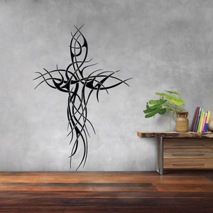 Thin line cross decal with black interlaced line cross design