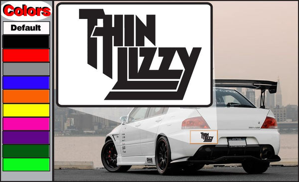 Thin Lizzy decal sticker with bold black THIN LIZZY logo on white rectangle