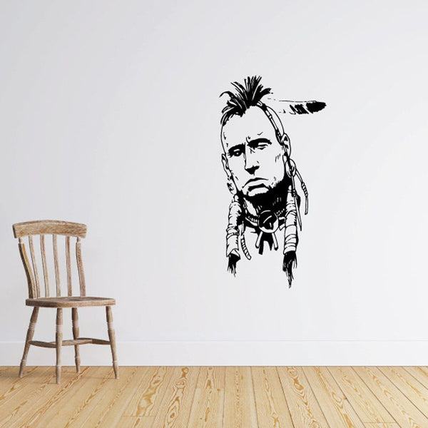 Native American warrior portrait decal, black graphic with headdress