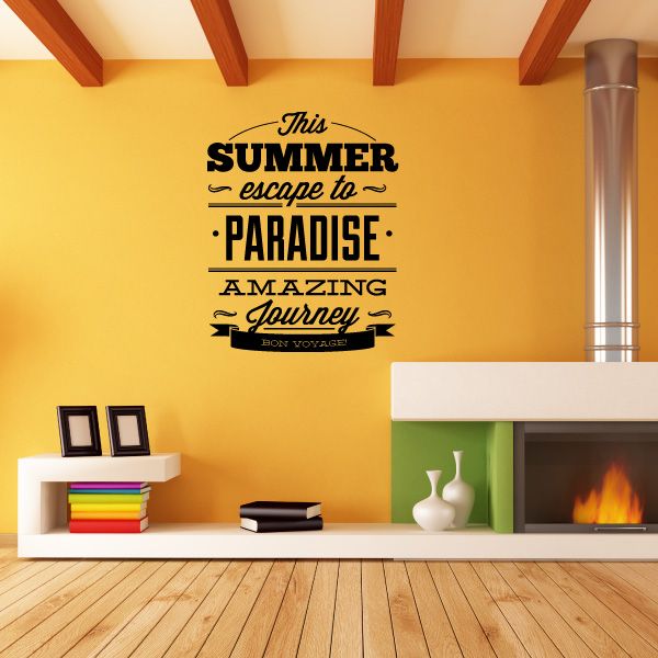 Wall decal with 'This Summer Escape to Paradise' typography and accents