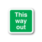 Square green sticker with white text 'This Way Out'