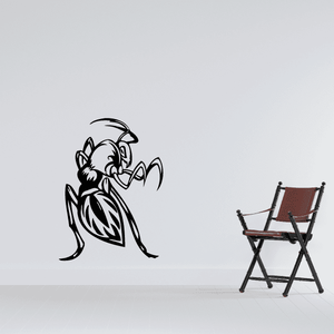 Praying mantis decal, stylized black line art with threatening posture
