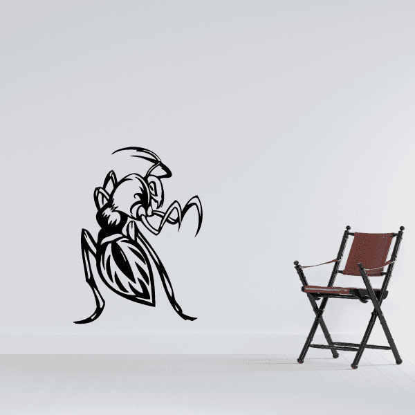 Praying mantis decal, stylized black line art with threatening posture