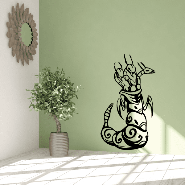 Three-headed centipede wall decal with black and white cartoon design