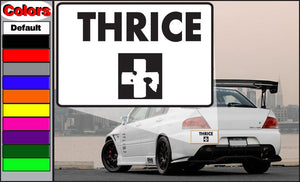 Rectangular Thrice decal sticker with bold THRICE text and black handgun silhouette