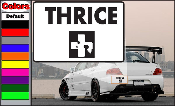 Rectangular Thrice decal sticker with bold THRICE text and black handgun silhouette