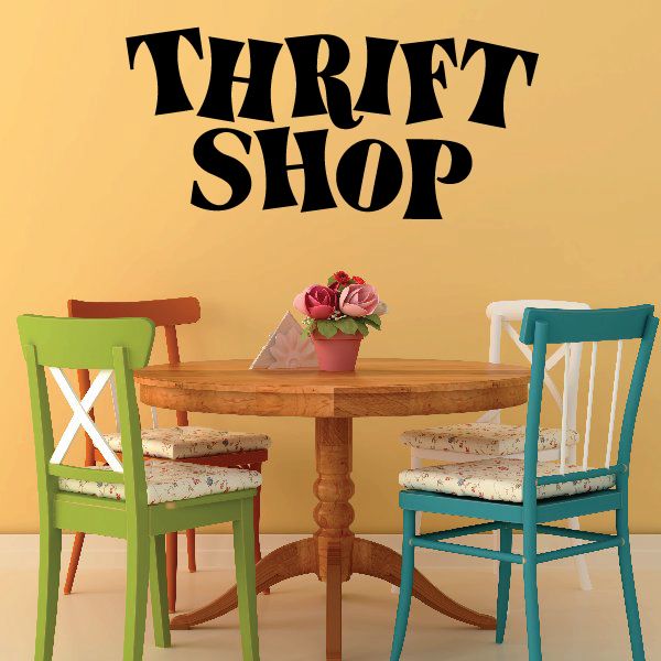 Thrift Shop wall decal vinyl lettering, bold black 'THRIFT SHOP' text