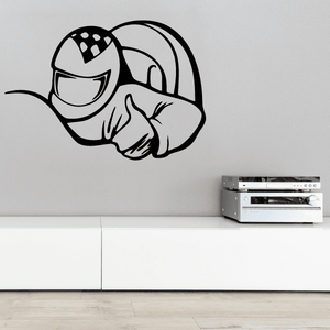 Racing thumbs-up decal of a helmeted driver holding up a hand, black outline