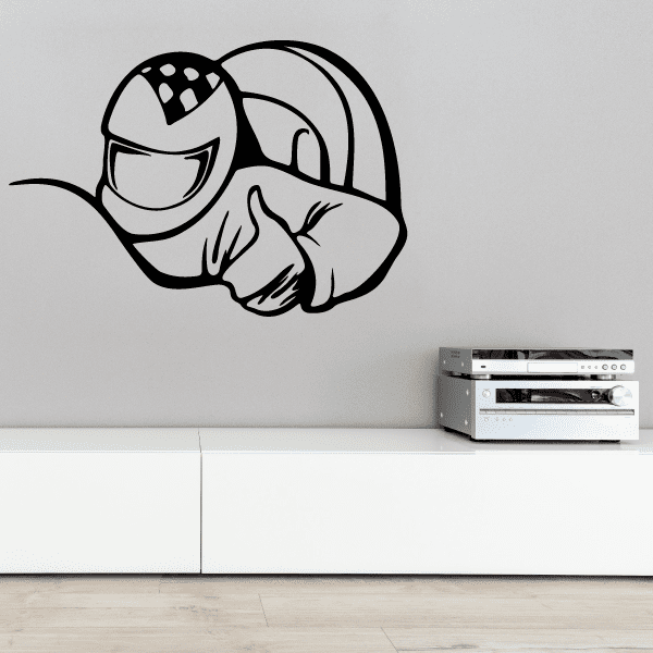 Racing thumbs-up decal of a helmeted driver holding up a hand, black outline