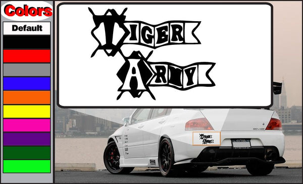 Tiger Army text decal, black lettering on white backing