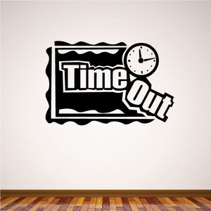 Vinyl wall decal featuring a black Time Out sign with clock and pointing arrow, bold text