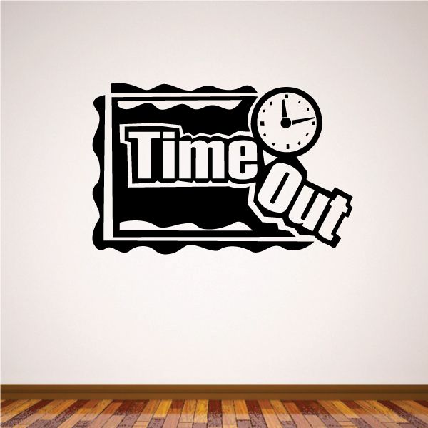 Vinyl wall decal featuring a black Time Out sign with clock and pointing arrow, bold text