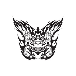 Tire and exhaust flames decal with black-and-white skull engine graphic
