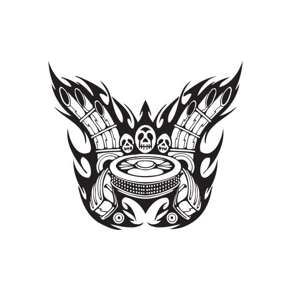 Tire and exhaust flames decal with black-and-white skull engine graphic