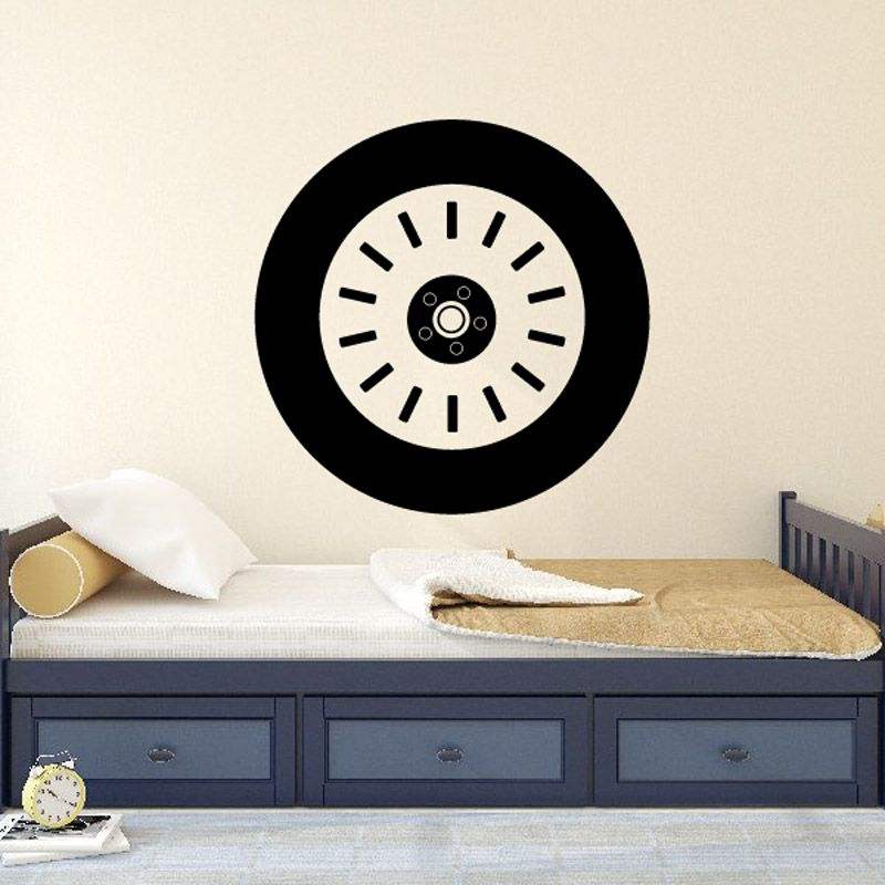 Black tire rim wall decal with white ring and center hub icon