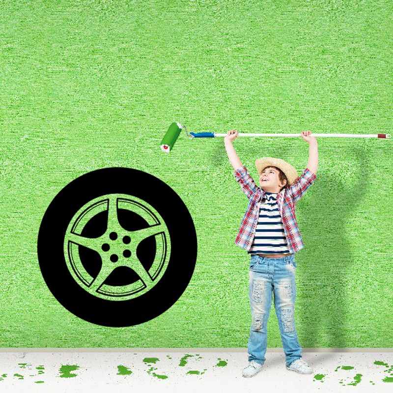 Black and green tire rim wall decal with detailed spokes, vinyl sticker