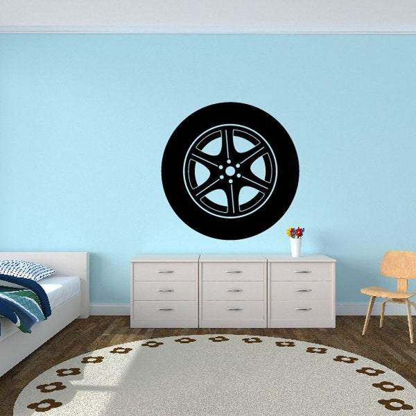 Black circular tire rim wall decal with spoke wheel design