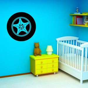 Tire rim wall decal, black circle with blue wheel graphic