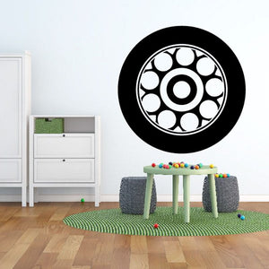 Tire rim wall decal, black circle with white wheel rim pattern