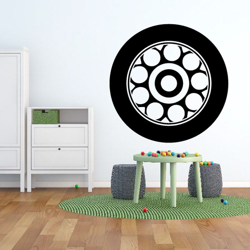 Tire rim wall decal, black circle with white wheel rim pattern