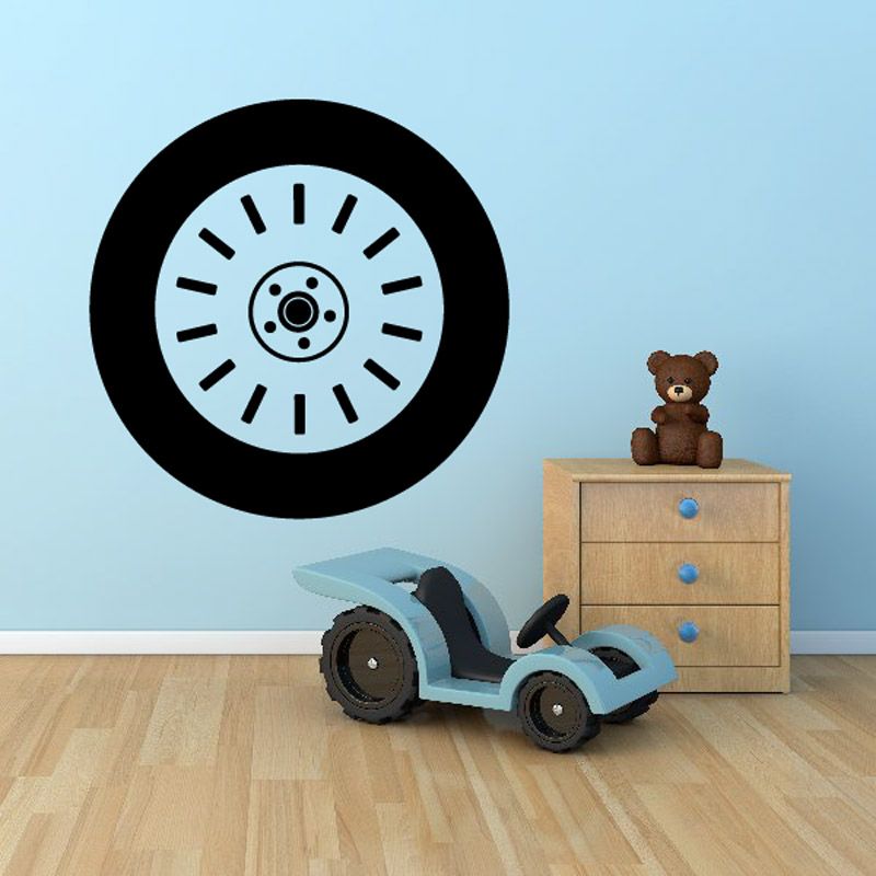 Tire rim wall decal, circular black tire rim with gray center hub and spokes