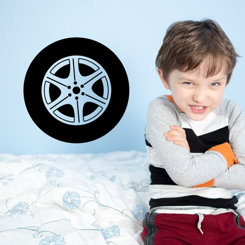 Vinyl wheel rim wall decal: black circle with silver car wheel design