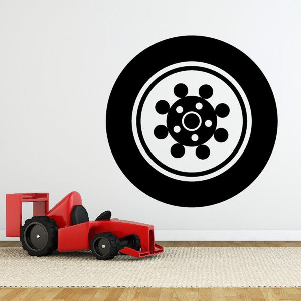 Vinyl tire rim wall decal with black wheel and silver ring pattern
