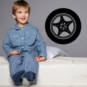 Wheel rim wall decal, black circular vinyl with silver spoke wheel design
