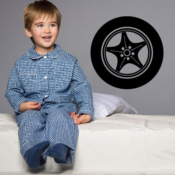 Wheel rim wall decal, black circular vinyl with silver spoke wheel design