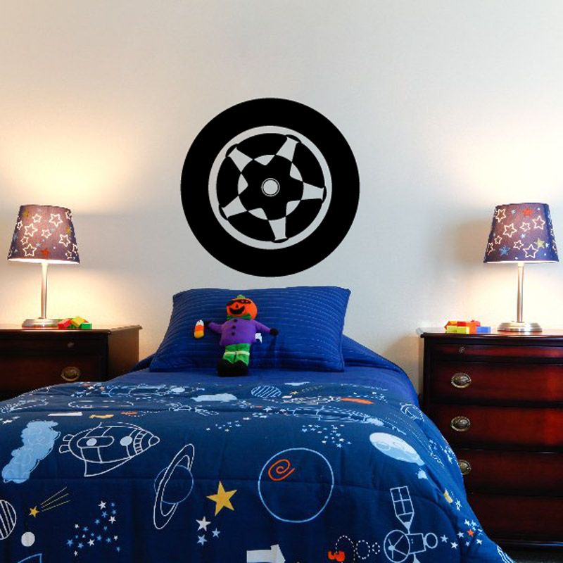 Black tire rim wall decal with checkered center, vinyl car sticker