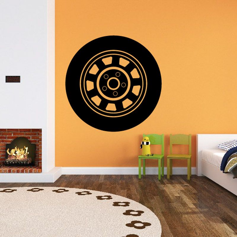 Car tire rim wall decal, black wheel with gold accents, round vinyl sticker