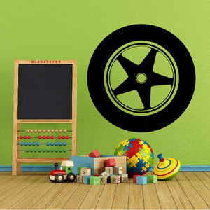 Vinyl tire rim wall decal with green and black wheel graphic
