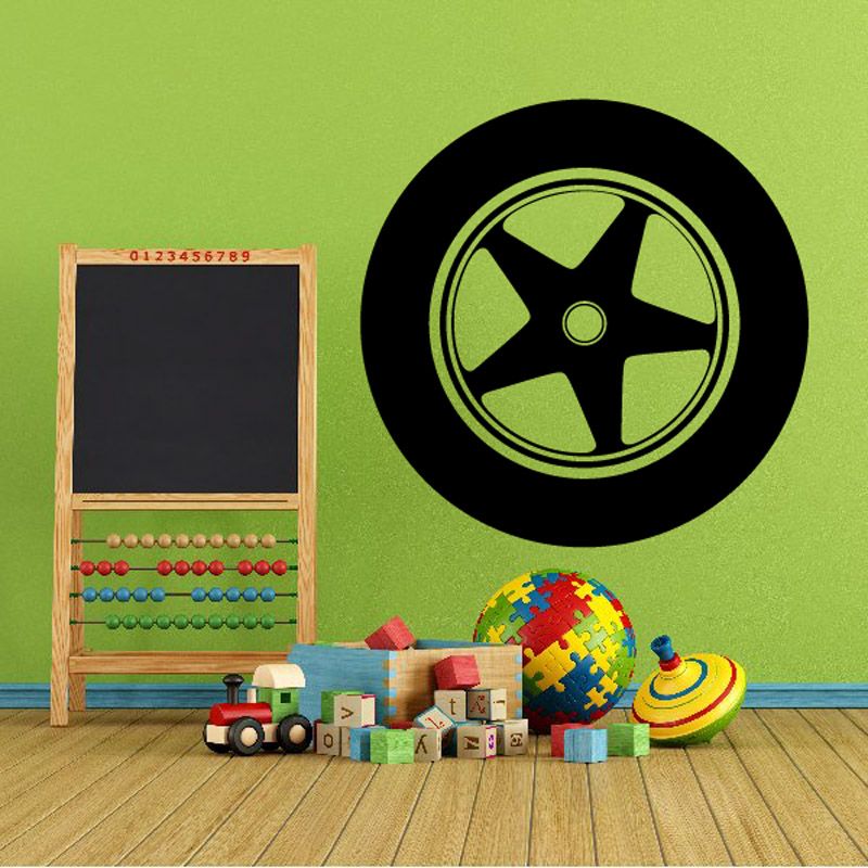 Vinyl tire rim wall decal with green and black wheel graphic